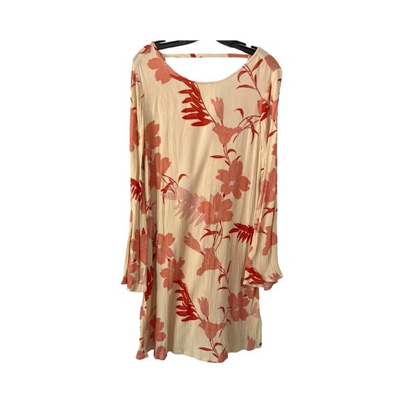 Roxy Floral Bell Sleeve Mini Dress M Boho Cream Red Open Back Beach Cover Up - Picture 5 of 9